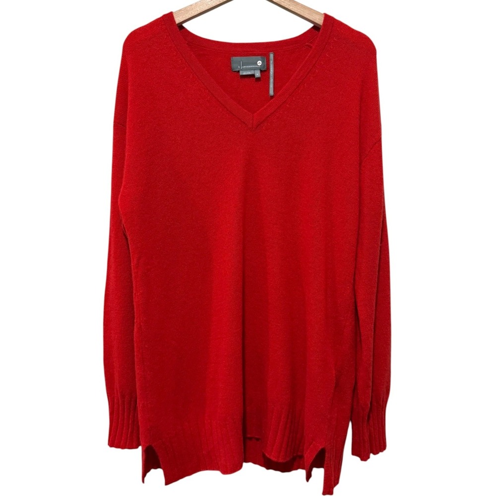 By Anthropologie Women 100% Cashmere Sweater Sz XL Red Oversized Cozy V-Neck